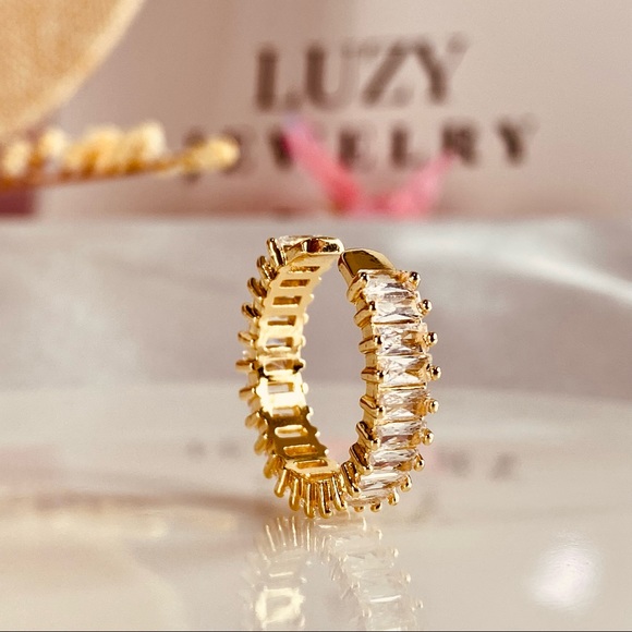 18K Iced Yellow Gold Diamond CZ Baguette Cut Open Ring Design - Picture 9 of 14